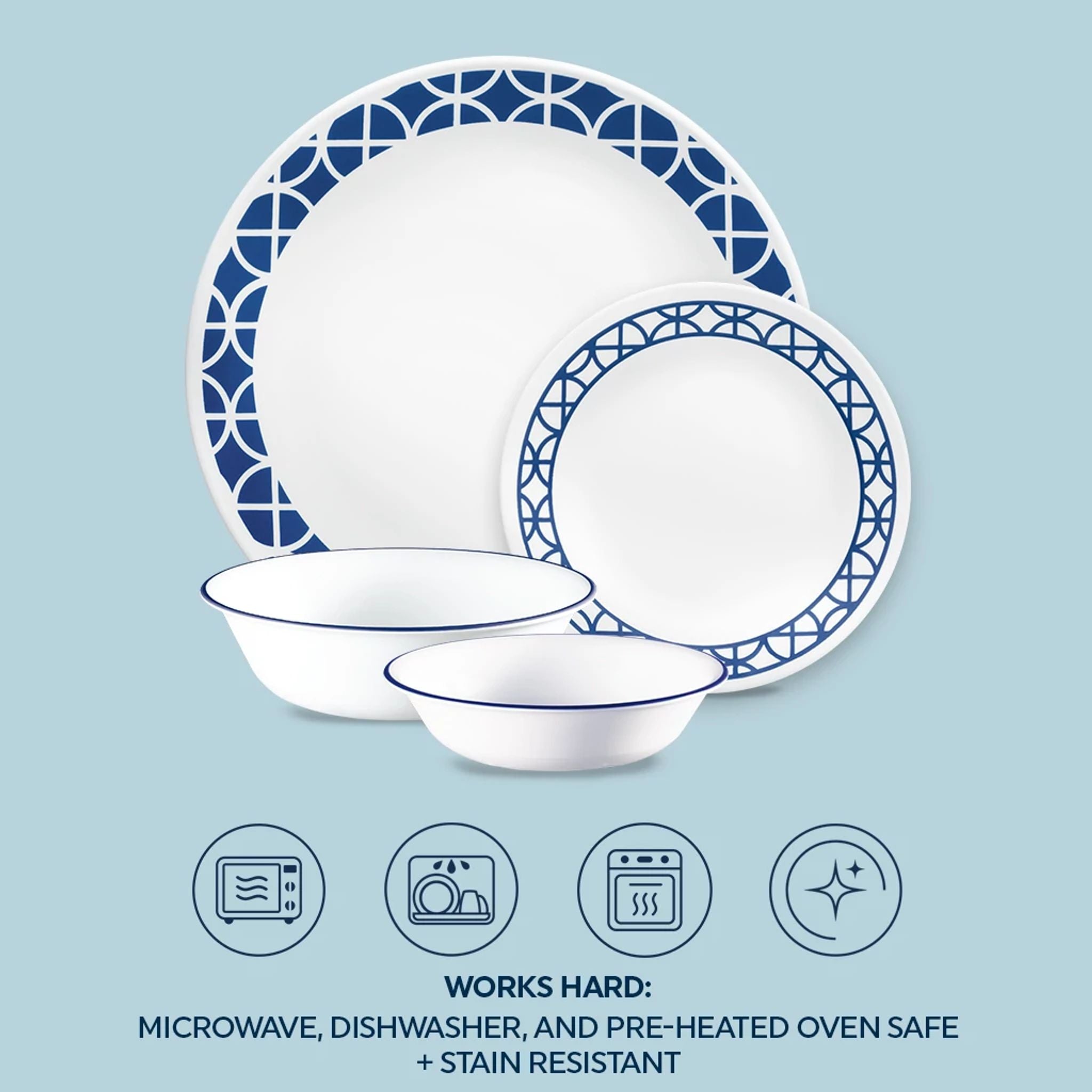 Corelle® Cobalt Circles 16-piece Mugless Dinnerware Set. Service for 4 - Image 5